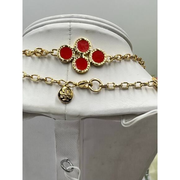 Tory Burch Kira Clover Necklace in gold-tone with red enamel or resin accents - Picture 6 of 12